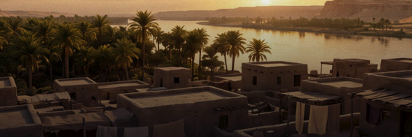 A Nile settlement at sunset