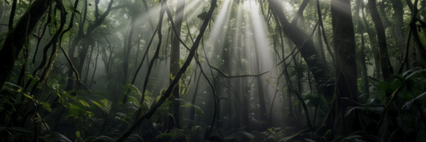 Sunbeams breaking through a jungle canopy