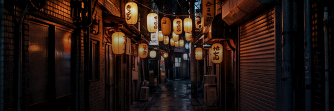 A narrow lantern-lit alley at night