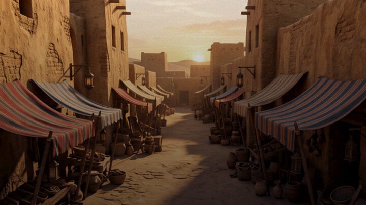 A sunlit Egyptian bazaar street
