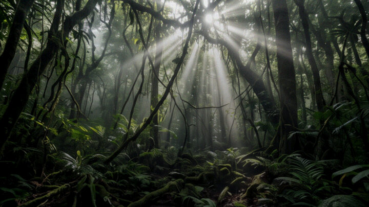 Sunbeams breaking through dense jungle canopy
