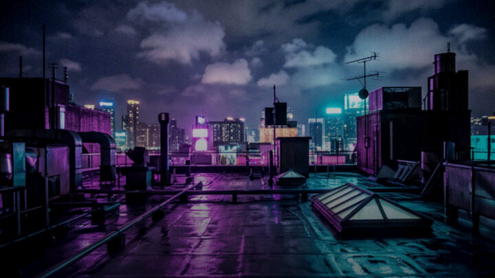 Rain-slick city rooftops under neon light