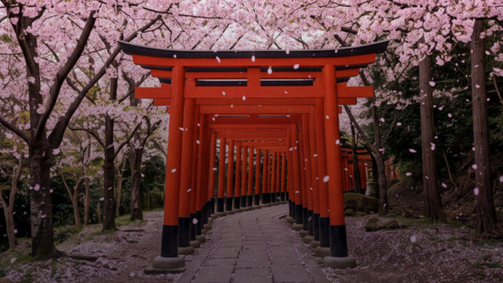 A tunnel of red torii gates among cherry blossom